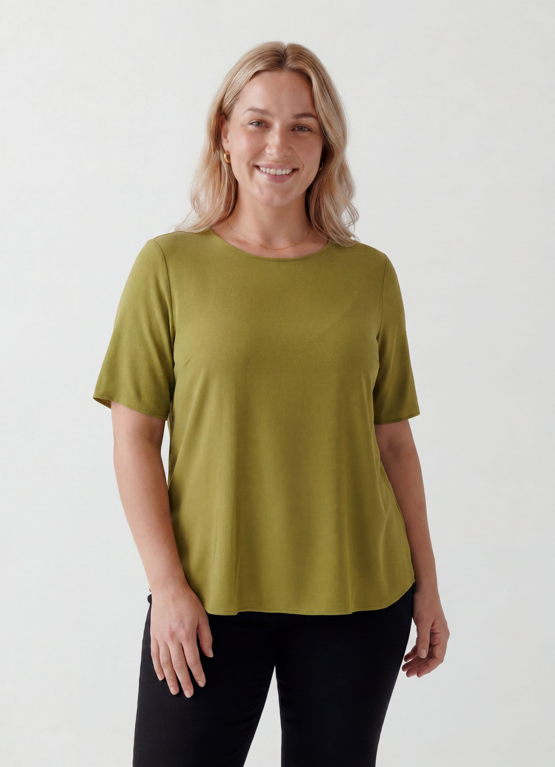 ZizzifashionShort-sleeved woven blouse with round neck, Green, Model image number 0