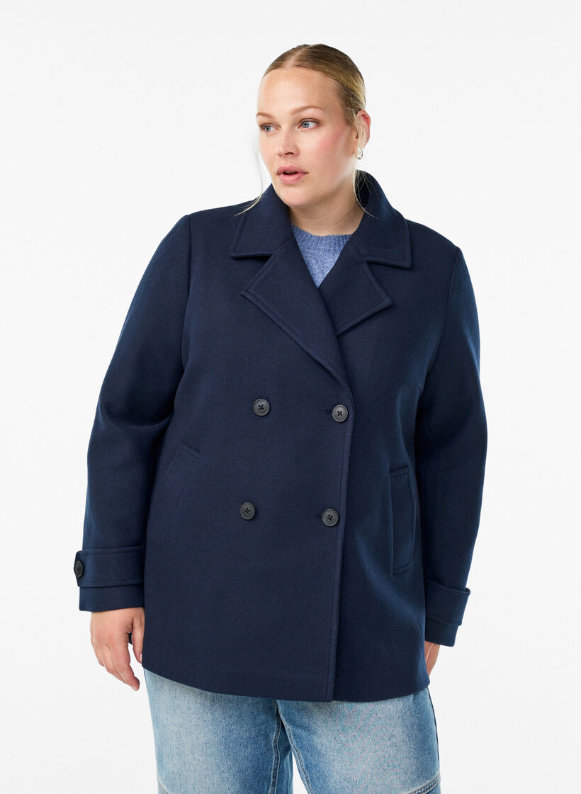 Short coat with double-breasted button closure, Blue, Model image number 0