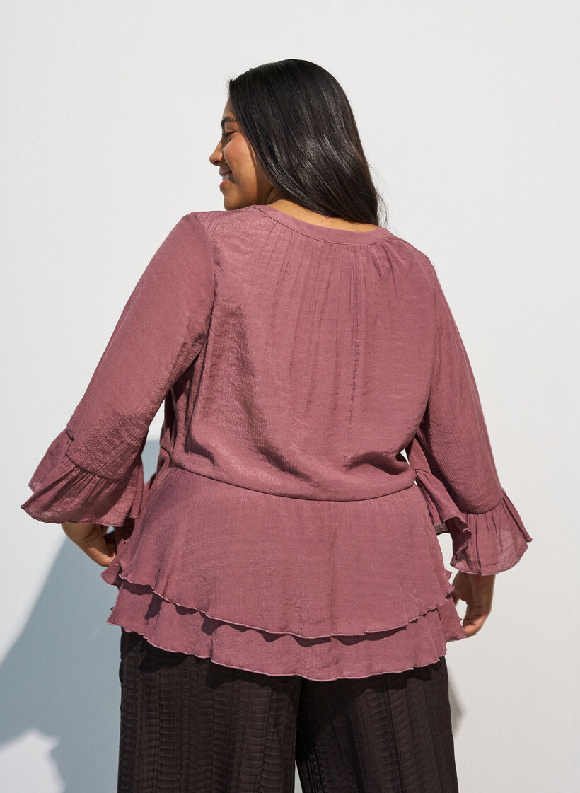 Blouse with 3/4-sleeves and ruffle details, Rose, Model image number 2