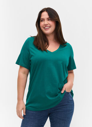 Organic cotton T-shirt with V-neckline, Teal Green, Model image number 0
