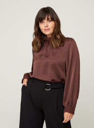 High neck blouse with puff sleeves, Brown Ass, Model image number 0