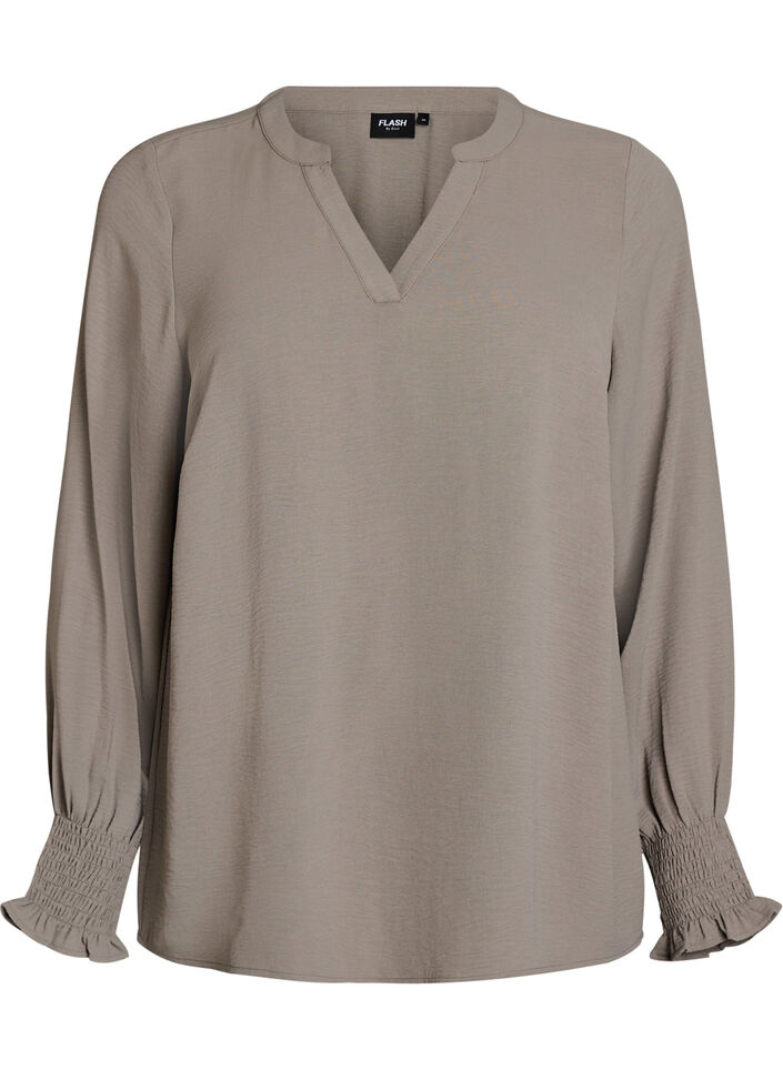 Blouse with smock cuffs and V-neck, Beige, Packshot image number 0