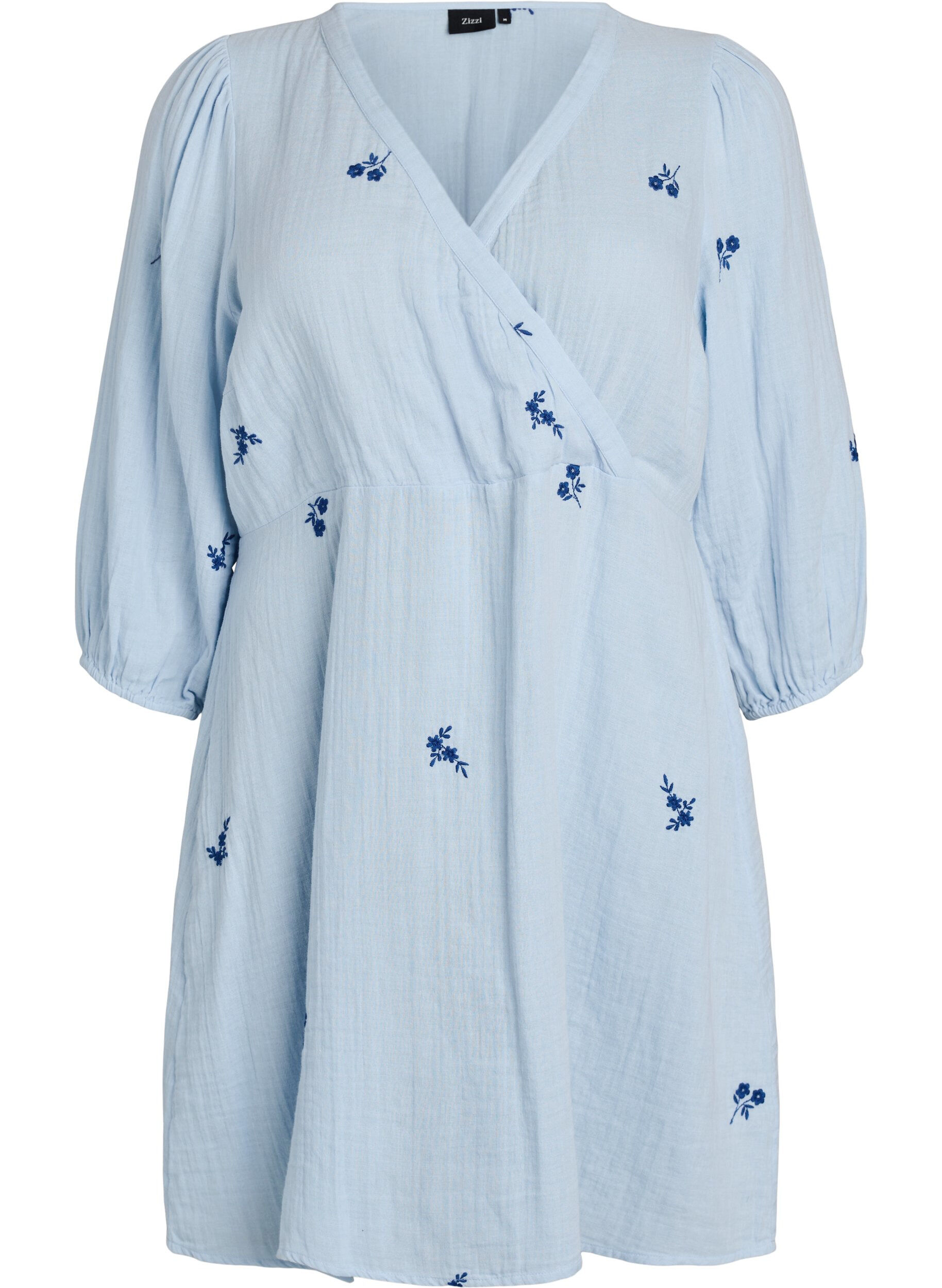 Zizzifashion Short cotton muslin dress with embroidered details, Light Blue, Packshot image number 0