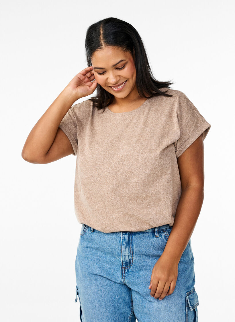 Melange T-shirt with short sleeves, Brown, Model image number 0