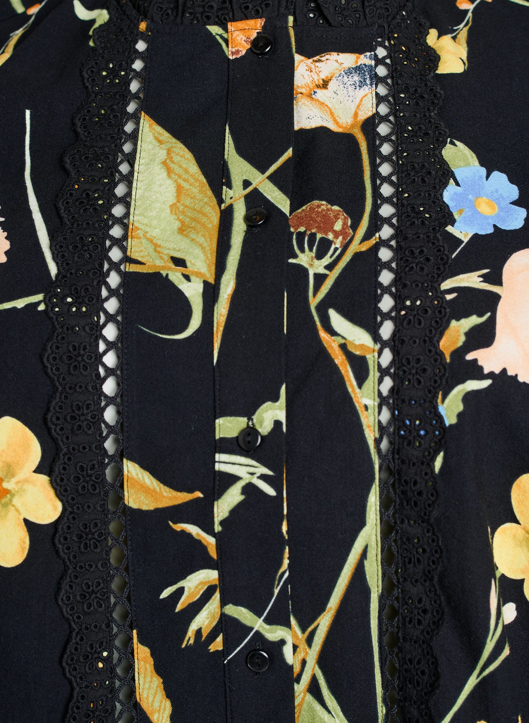 Zizzifashion Sleeveless cotton blouse with floral print and broderie anglaise, Black, Packshot image number 2