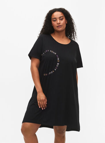 Short-sleeved nightgown in organic cotton (GOTS), Black W. Don't, Model image number 0