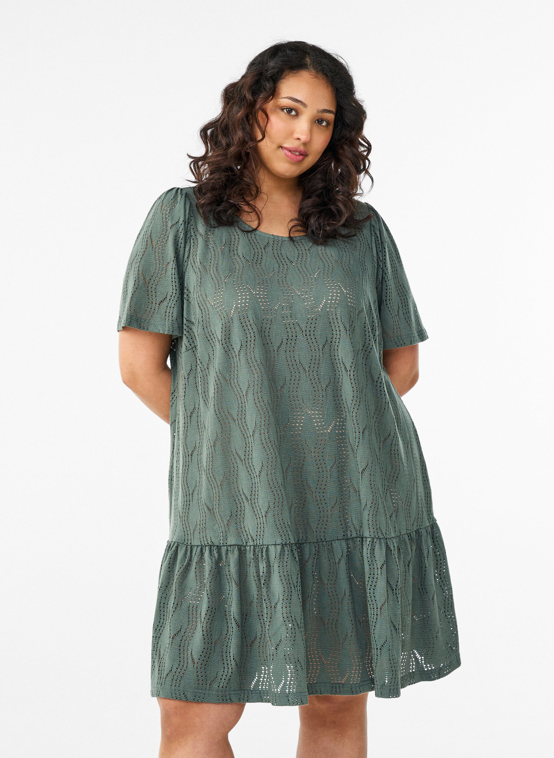 Zizzifashion Short jersey dress with eyelet embroidery, Green, Model image number 0