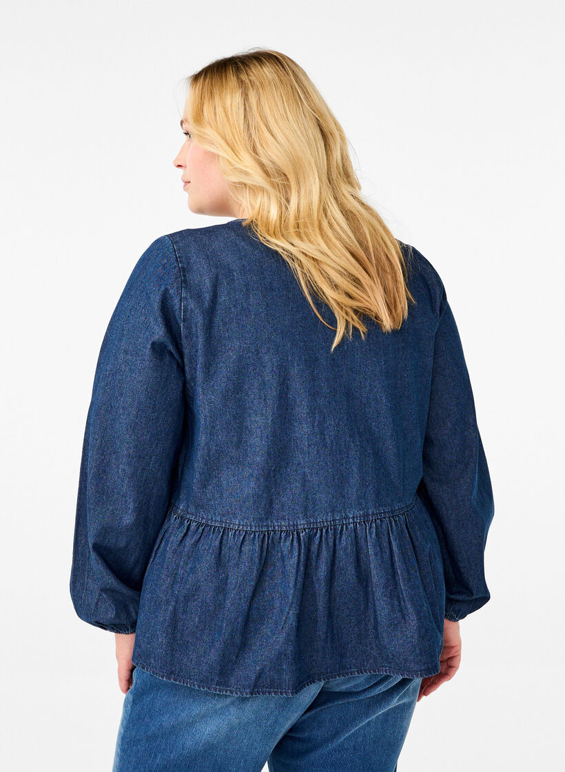 Peplum blouse in denim with a tie fastening, Blue, Model image number 2