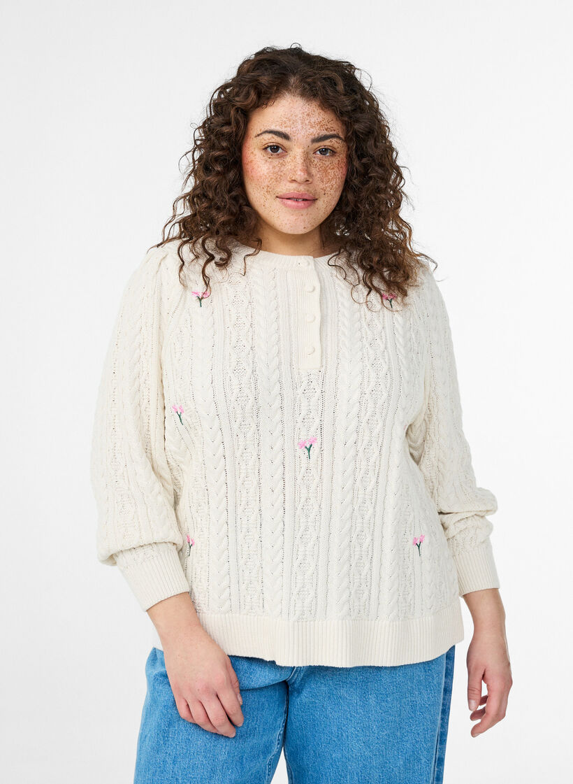 Knit blouse with cable pattern and embroidered flowers, White, Model image number 0