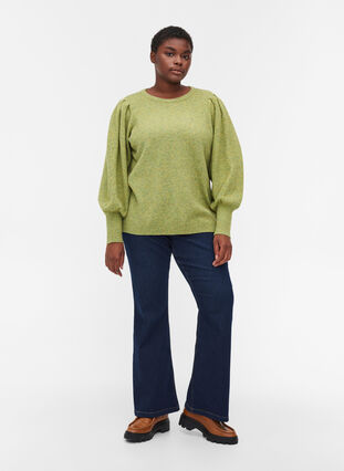 Melange knit sweater with puff sleeves, Green Olive Mel., Model image number 2