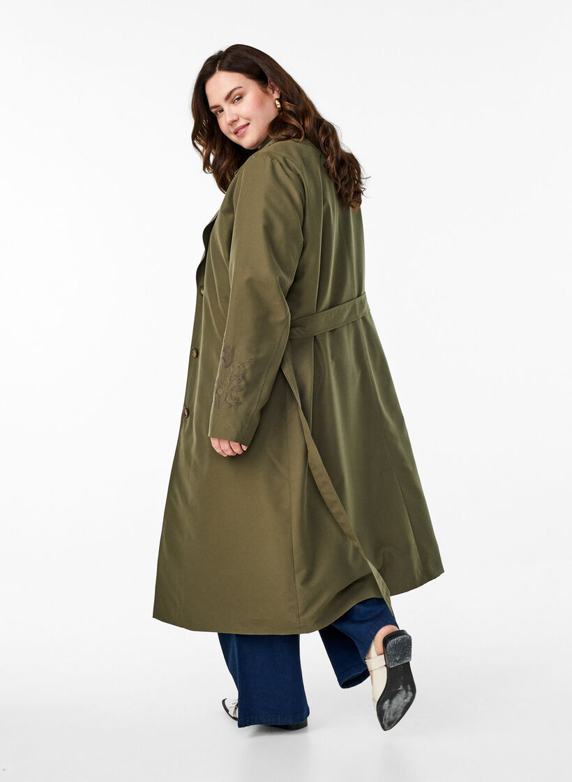 Long trench coat with embroidery, Green, Model image number 2