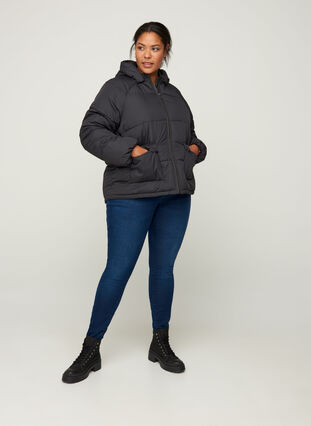 Short winter jacket with a hood, Black w Stone Grey, Model image number 3