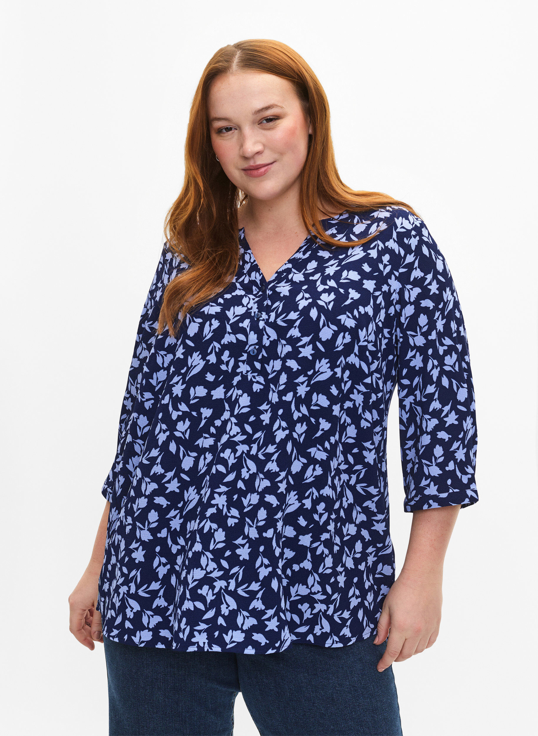 Zizzifashion Floral blouse with 3/4 sleeves, M. Blue Flower AOP, Model image number 0