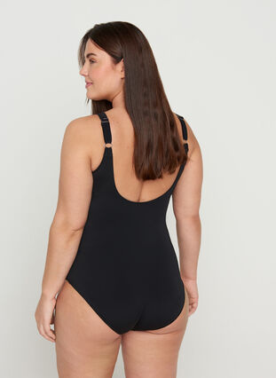 Swimsuit with v-neck and ruffles, Black, Model image number 1