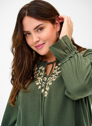 Cotton tunic with embroidery and tie details, Thyme, Model image number 2