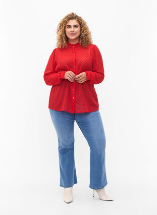 Shirt blouse with ruffles and patterned texture, Tango Red, Model image number 2