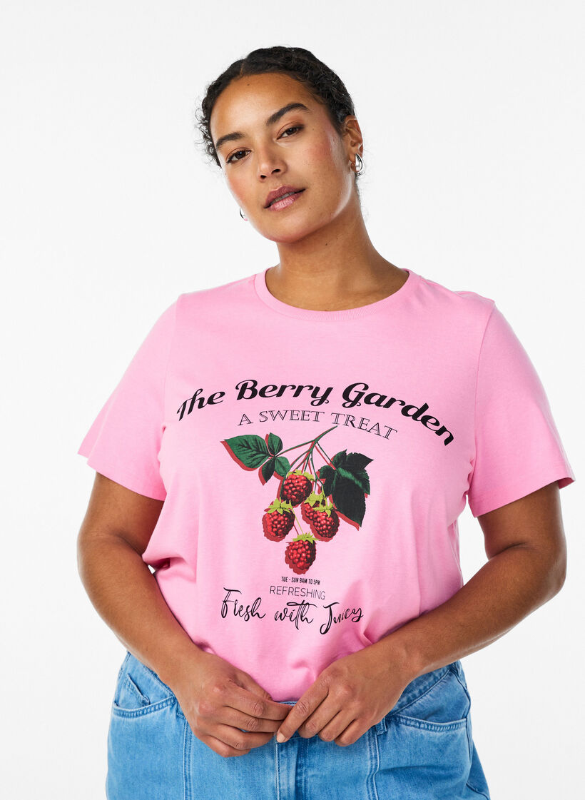 Cotton t-shirt with fruit print and text, Pink, Model image number 0