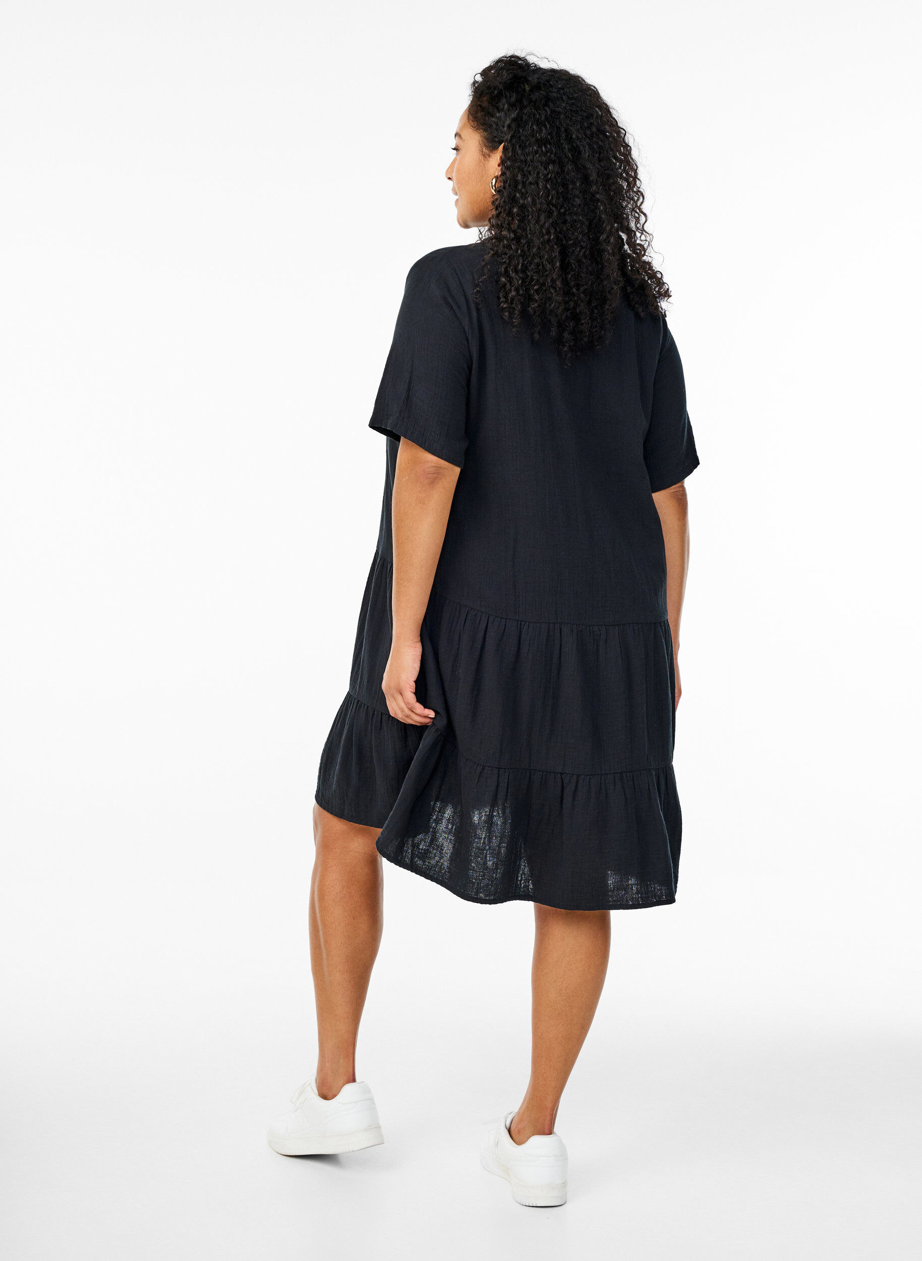 ZizzifashionShort A-line dress in cotton muslin, Black, Model image number 2