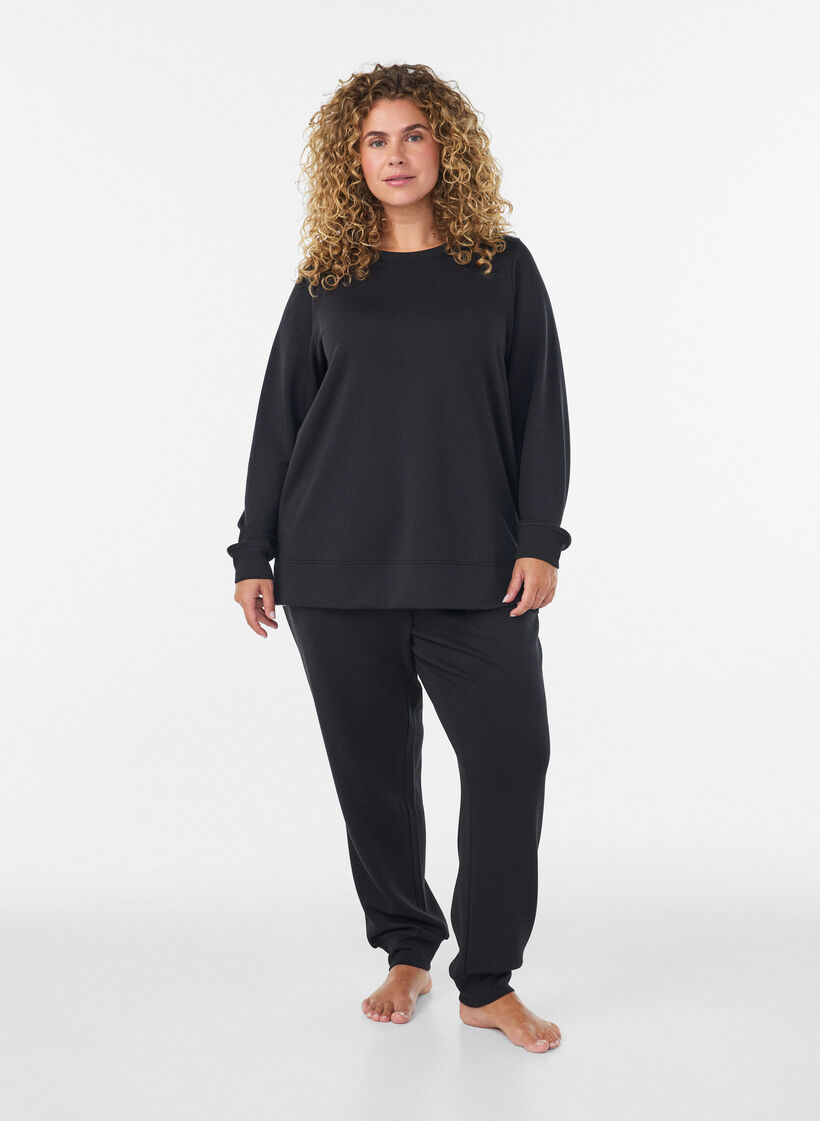 Long-sleeved jersey blouse with a round neck, Black, Model image number 1