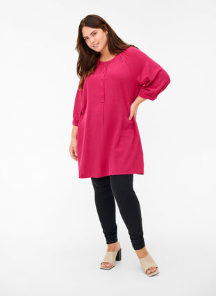 Cotton tunic with buttons and 3/4 sleeves, Sangria, Model image number 2