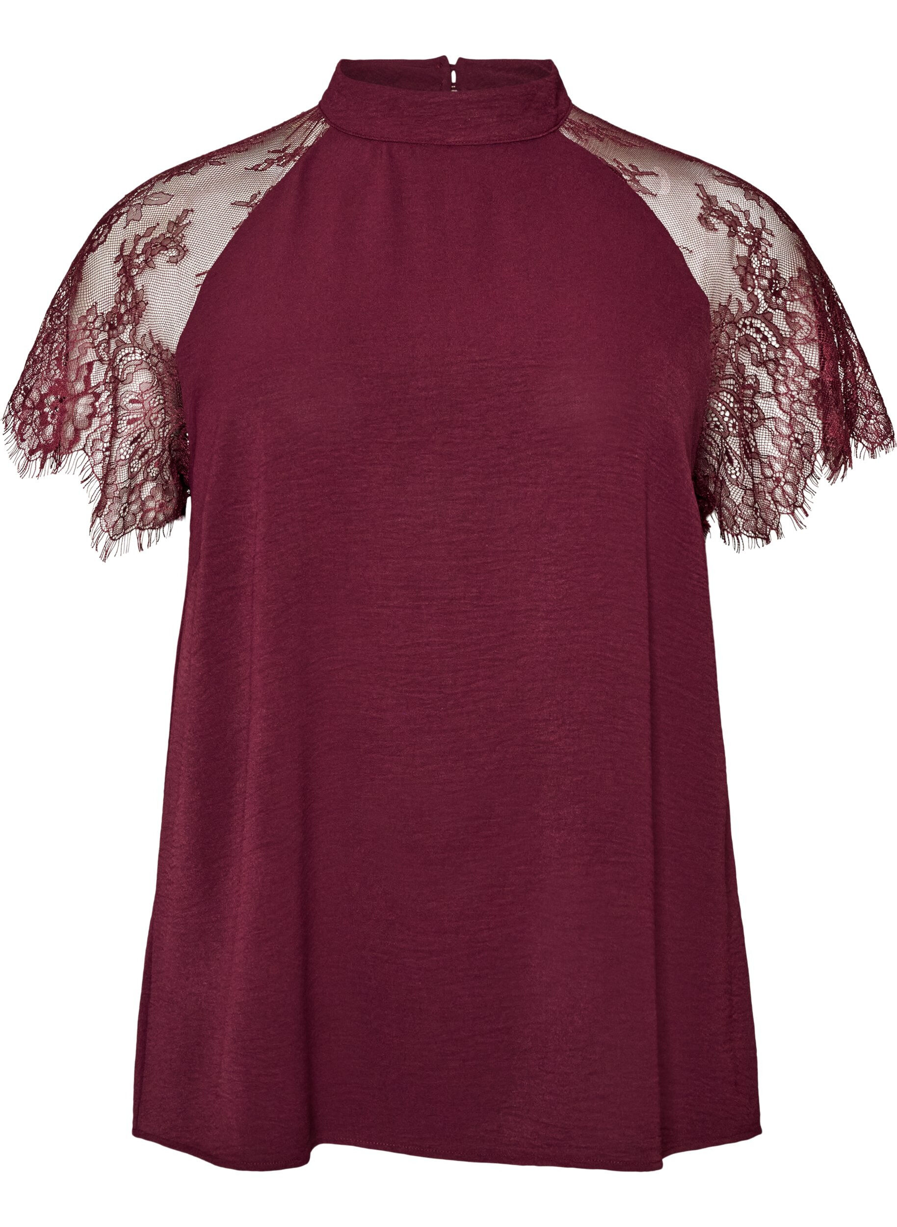 ZizzifashionBlouse with short lace sleeves and high neck, Red, Packshot image number 0
