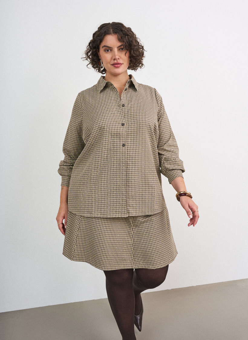 Skirt with a mini-check pattern and rhinestones, Brown, Model image number 0