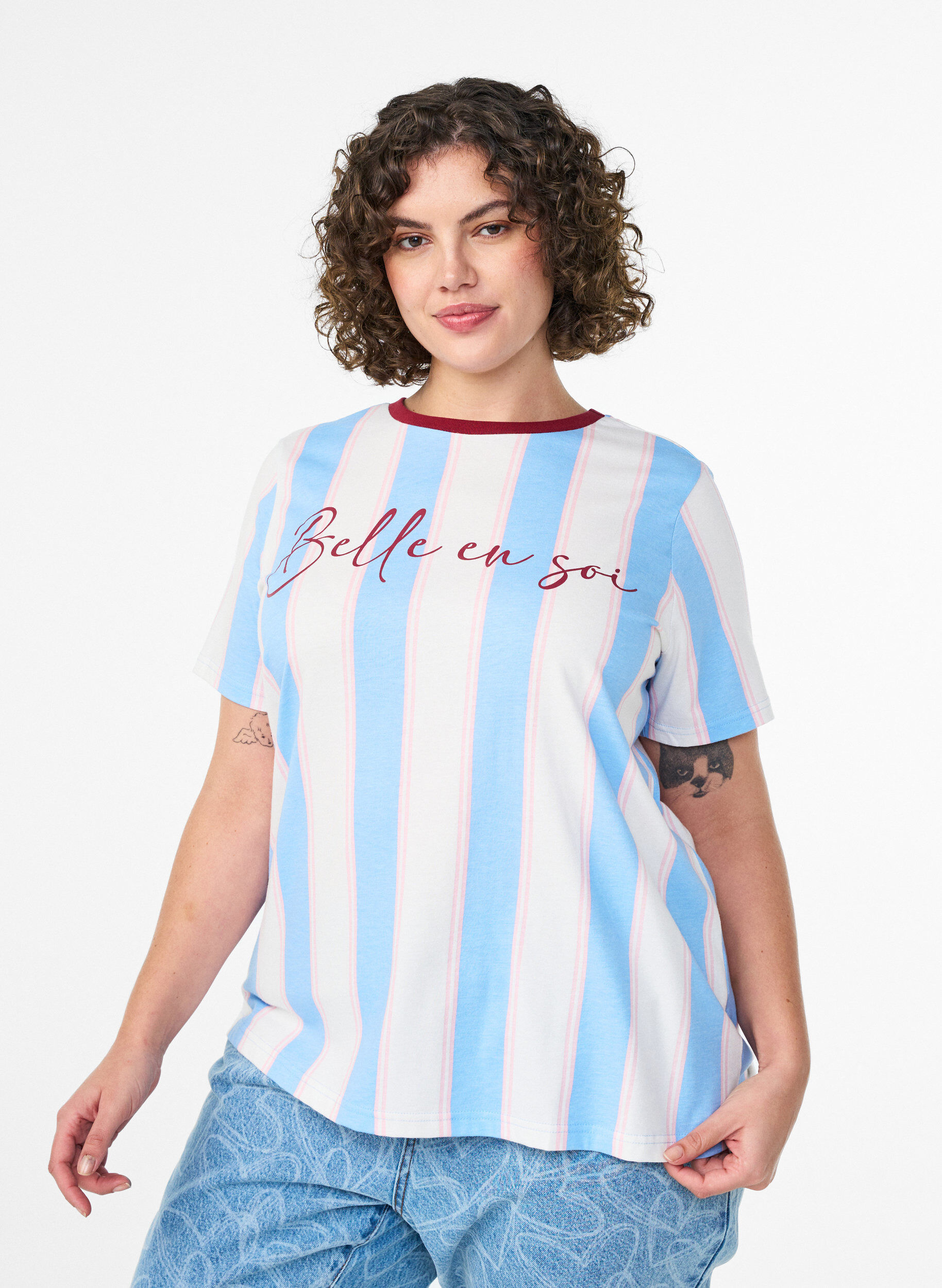 T-shirt with stripes and text print, Blue, Model