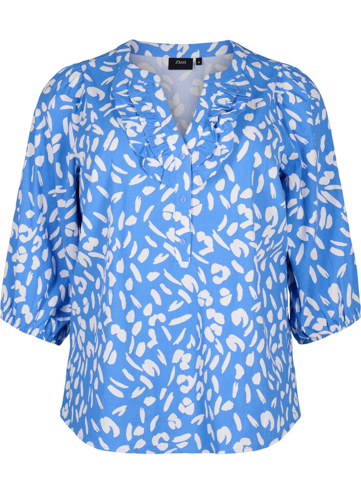 3/4 sleeve cotton Blouse with print, Marina White AOP, Packshot image number 0