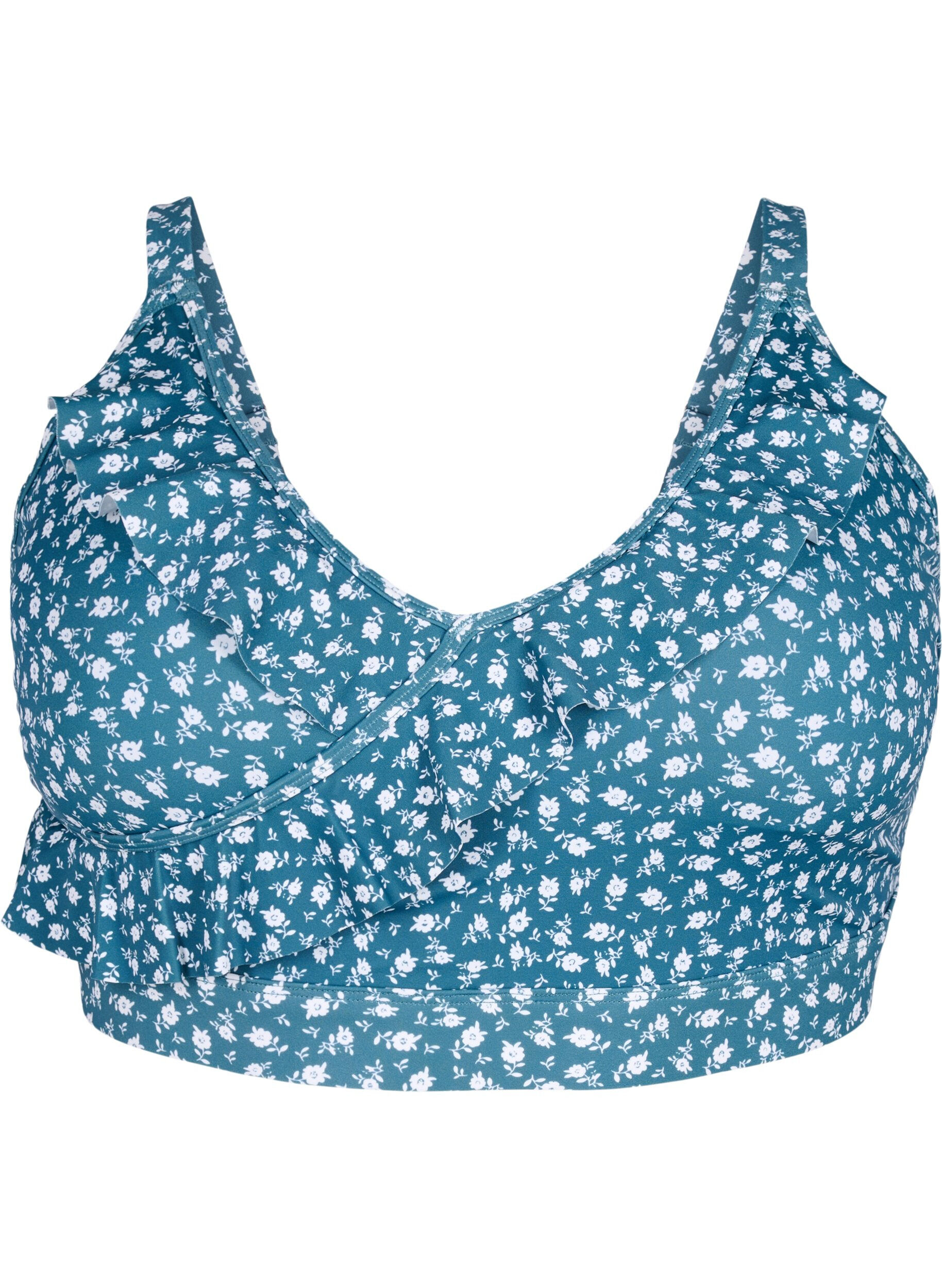 Zizzifashion Floral bikini top with ruffle details, Petrol, Packshot image number 0