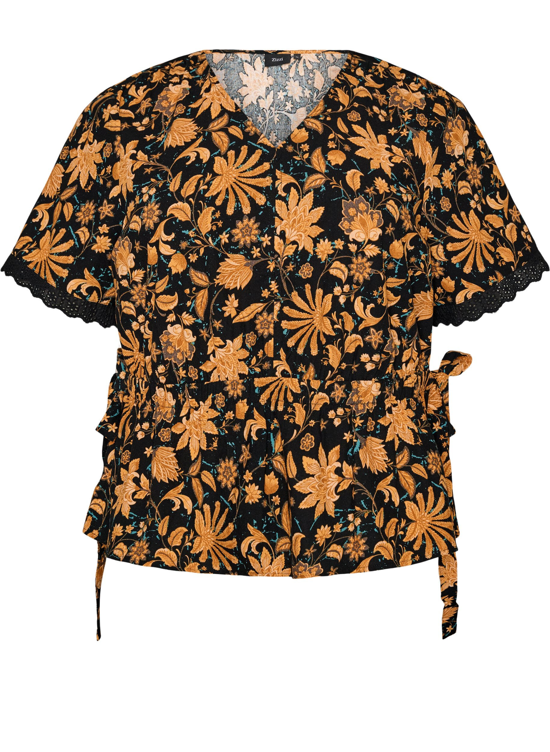 Zizzifashion Floral cotton blouse with tie-fastening, Orange, Packshot image number 0