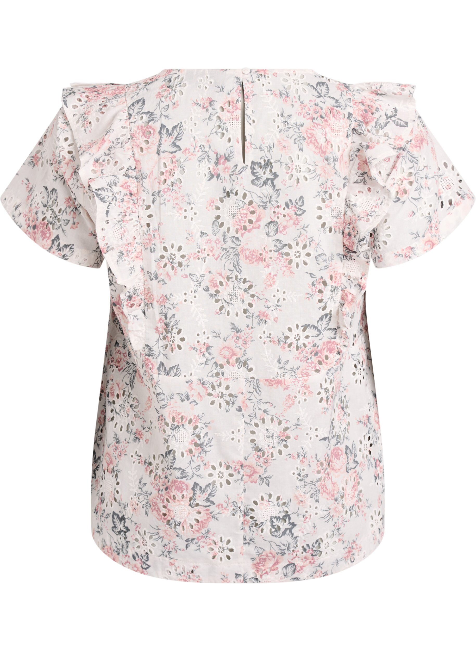 Zizzifashion Cotton blouse with broderie anglaise and ruffles, Red, Packshot image number 1