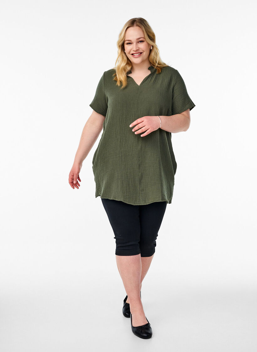 Cotton muslin tunic with short sleeves, Green, Model image number 1