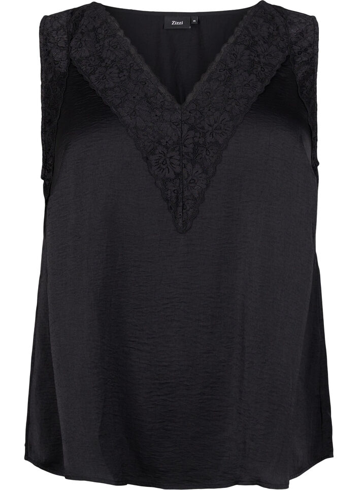 Sleeveless top with lace, Black, Packshot image number 0