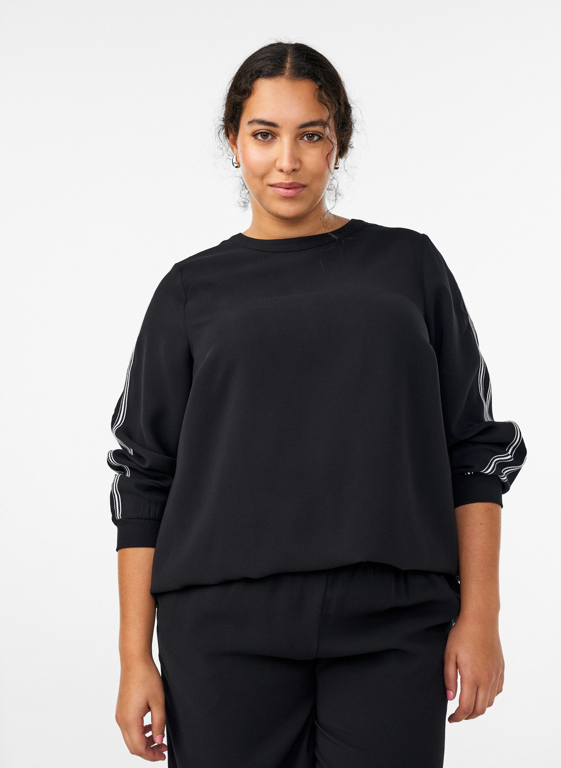 Blouse with stripe detail on the sleeves, Black, Model