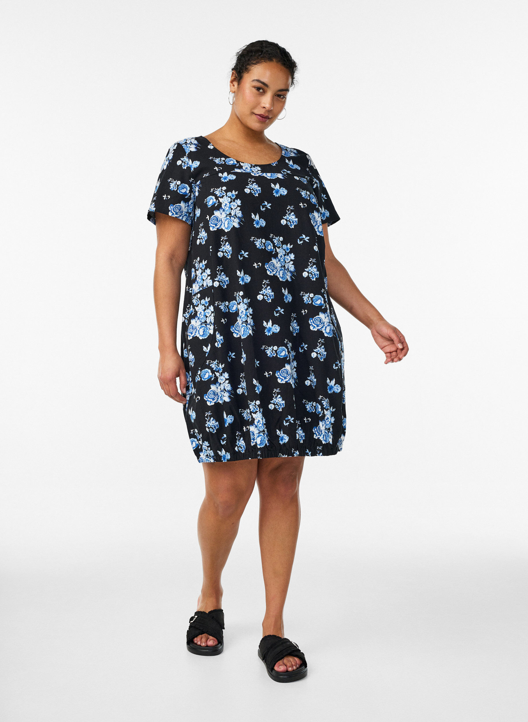 ZizzifashionShort-sleeved cotton dress with print, Black, Model image number 1