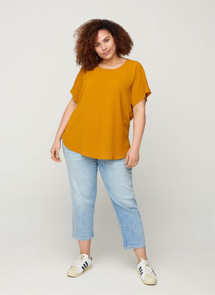 Blouse with short sleeves and a round neckline, Buckthorn Brown, Model image number 2