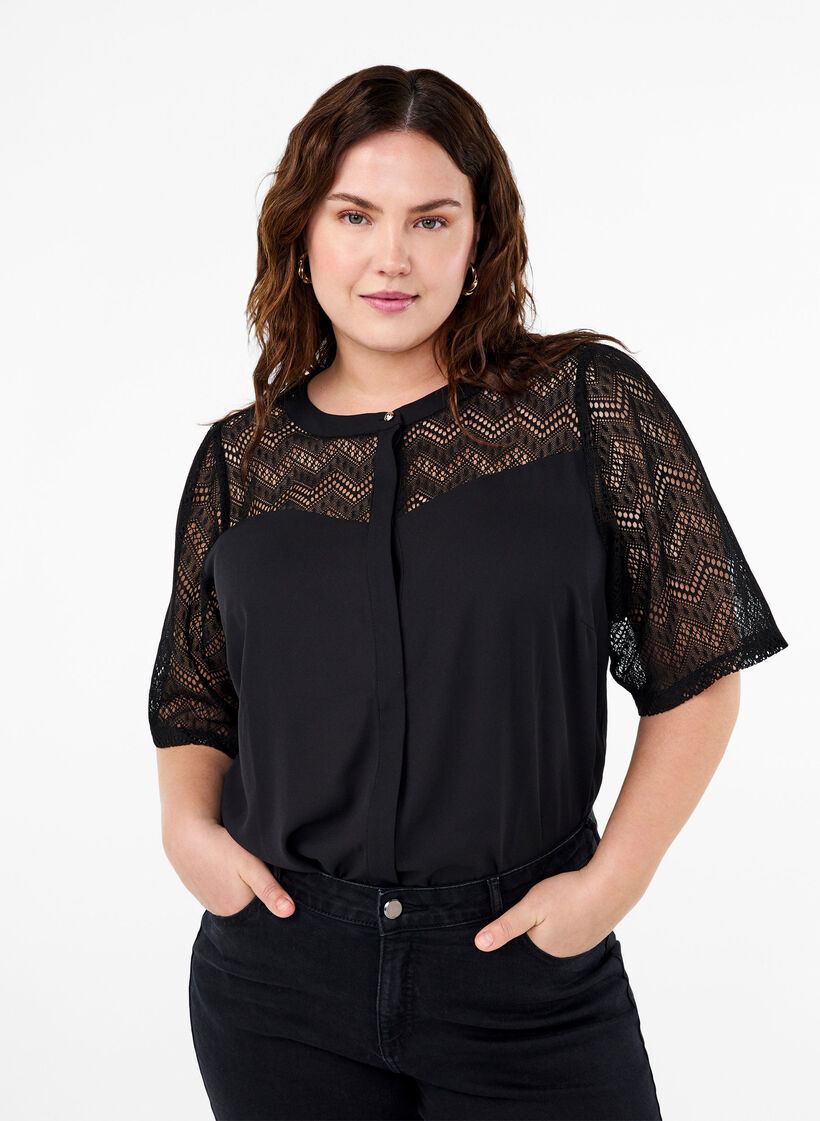Shirt blouse with short lace sleeves, Black, Model image number 0