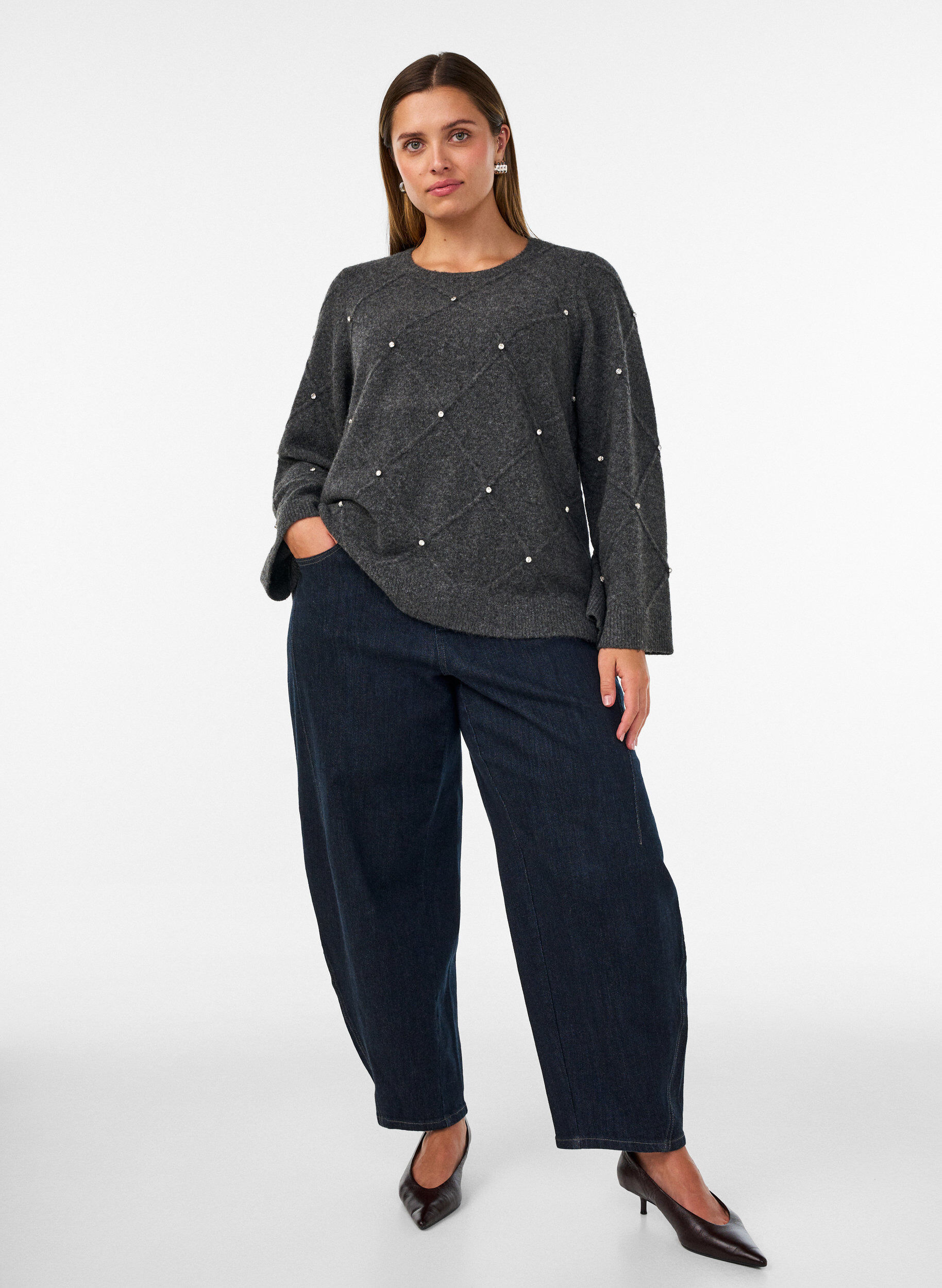 ZizzifashionKnitted blouse with rhinestones and diamond pattern, Dark Grey, Model image number 1