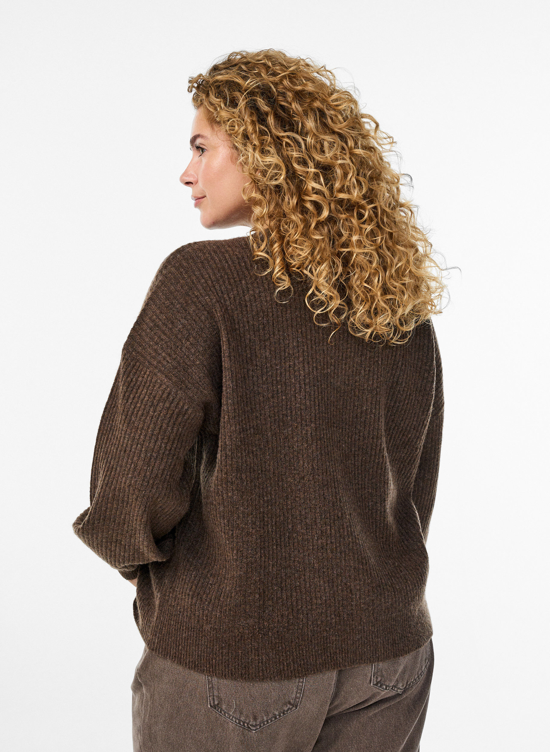 Zizzifashion Rib knit cardigan with buttons, Brown, Model image number 2