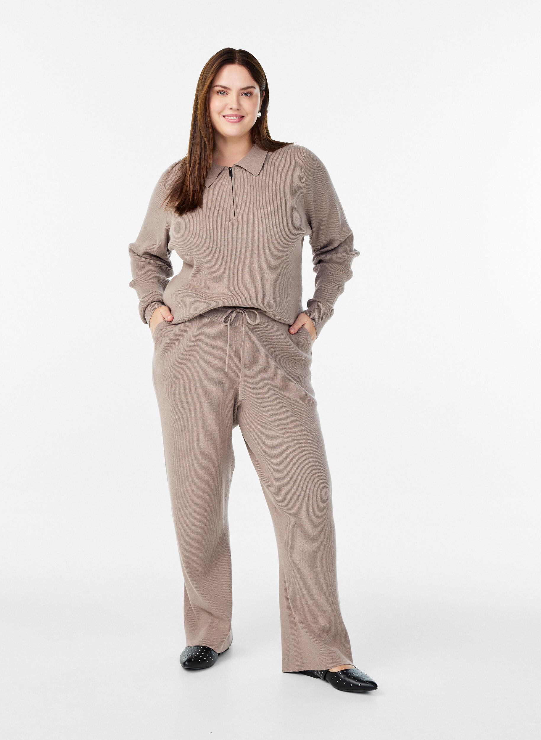 High-waisted rib-knit trousers with straight legs, Beige, Model
