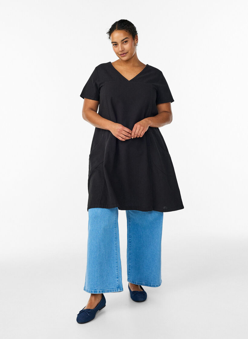 Short-sleeved cotton dress, Black, Model image number 1
