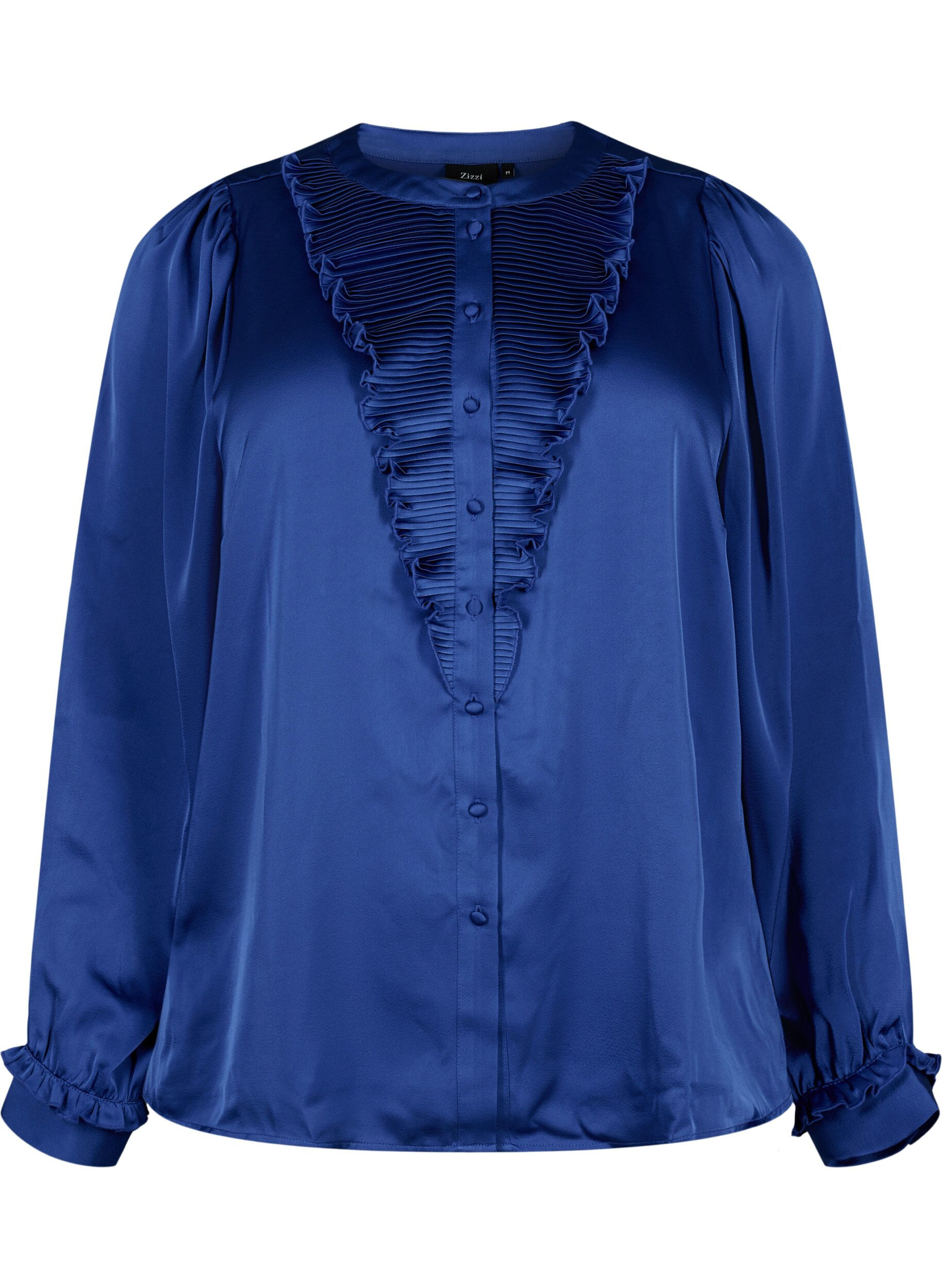 Zizzifashion Satin shirt blouse with ruffle details, Deep Ultramarine, Packshot image number 0
