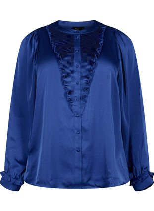 Satin shirt blouse with ruffle details, Deep Ultramarine, Packshot image number 0