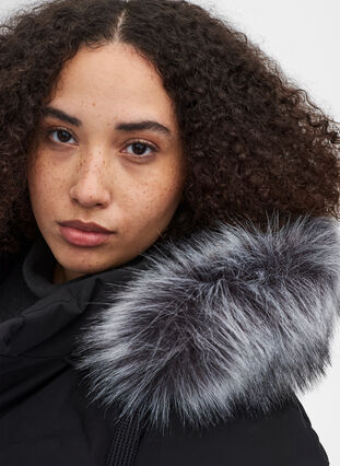 Winter jacket with removable hood and faux-fur collar, Black, Model image number 2