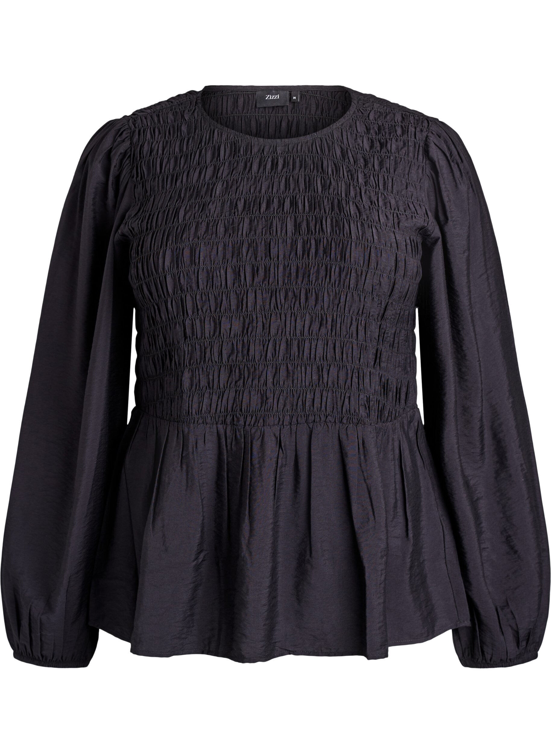 ZizzifashionBlouse with smock and long sleeves, Black, Packshot image number 0