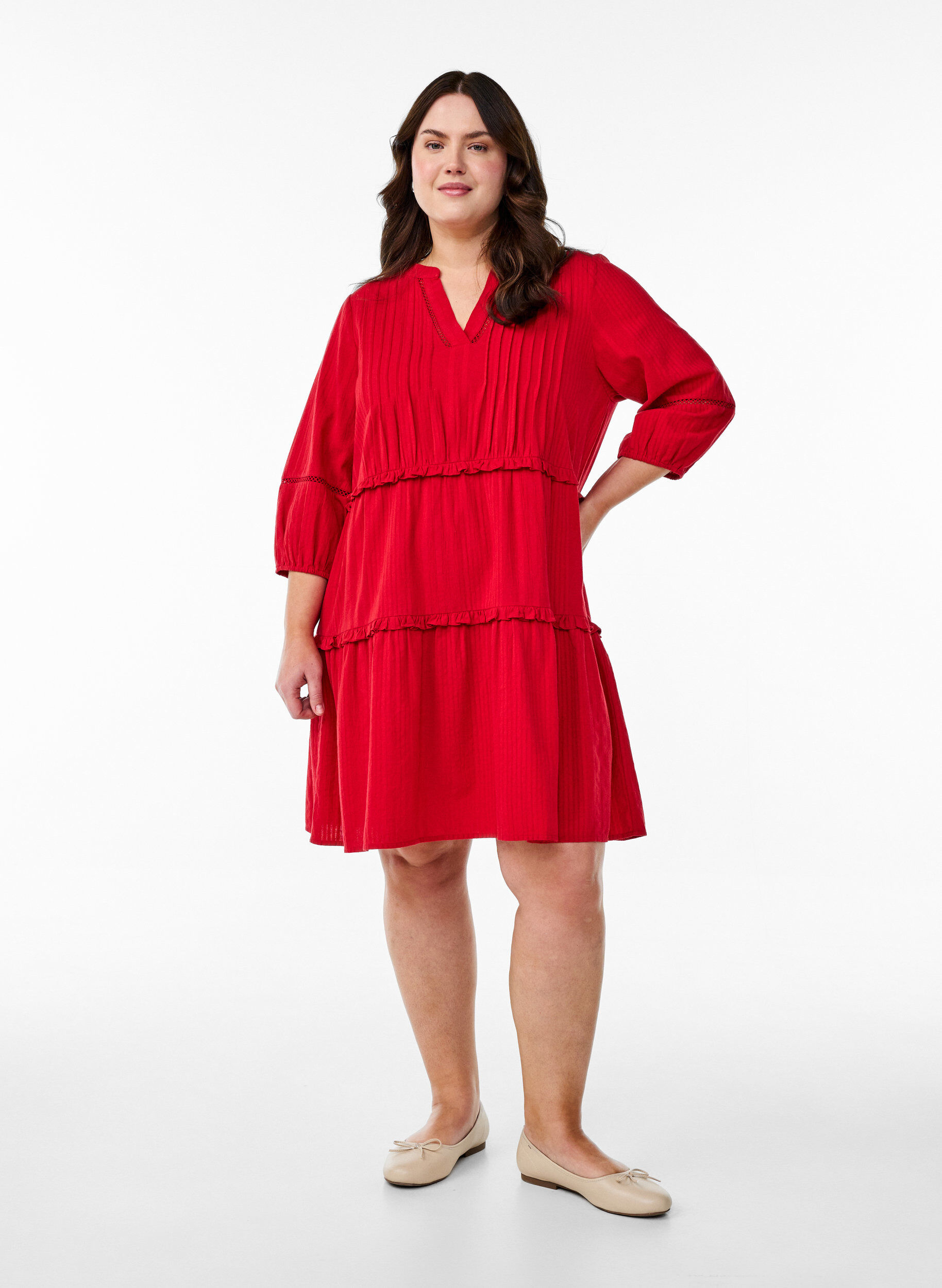 Zizzifashion 3/4 sleeve cotton dress with ruffles, Red, Model image number 1