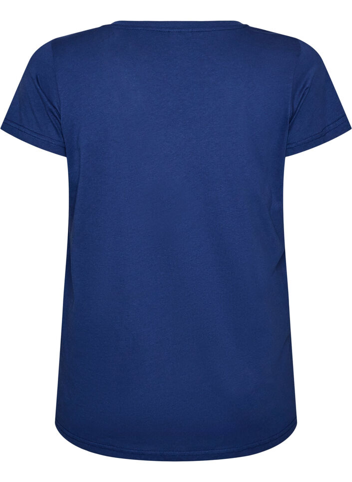 Cotton T-shirt with front print and V-neck, Blue, Packshot image number 1
