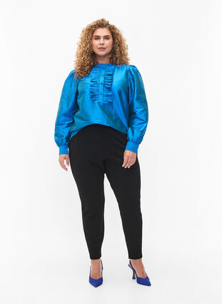 Shiny shirt blouse with ruffles, Diva Blue, Model image number 2