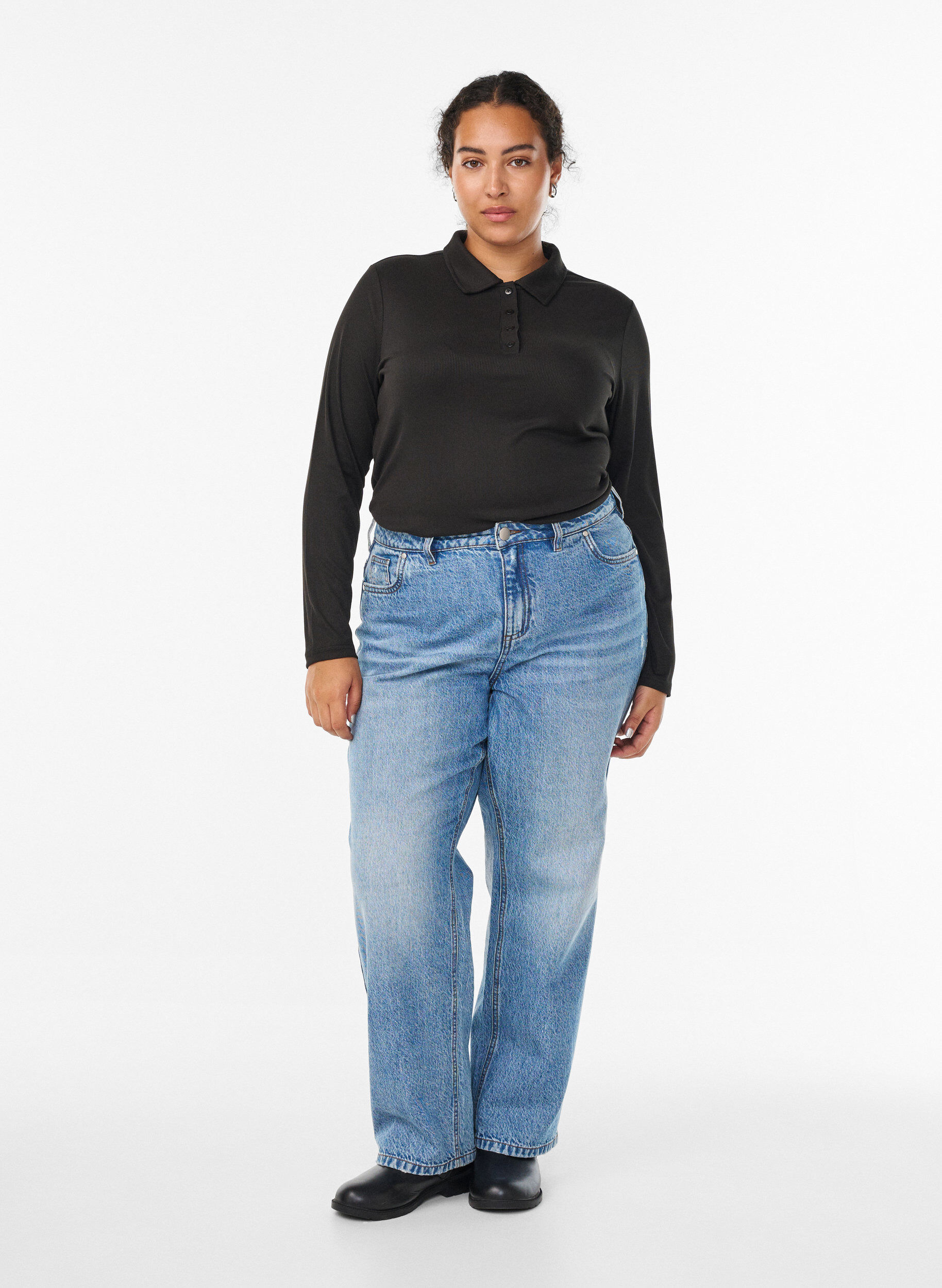 Zizzifashion Polo shirt in soft rib with long sleeves, Black, Model image number 1