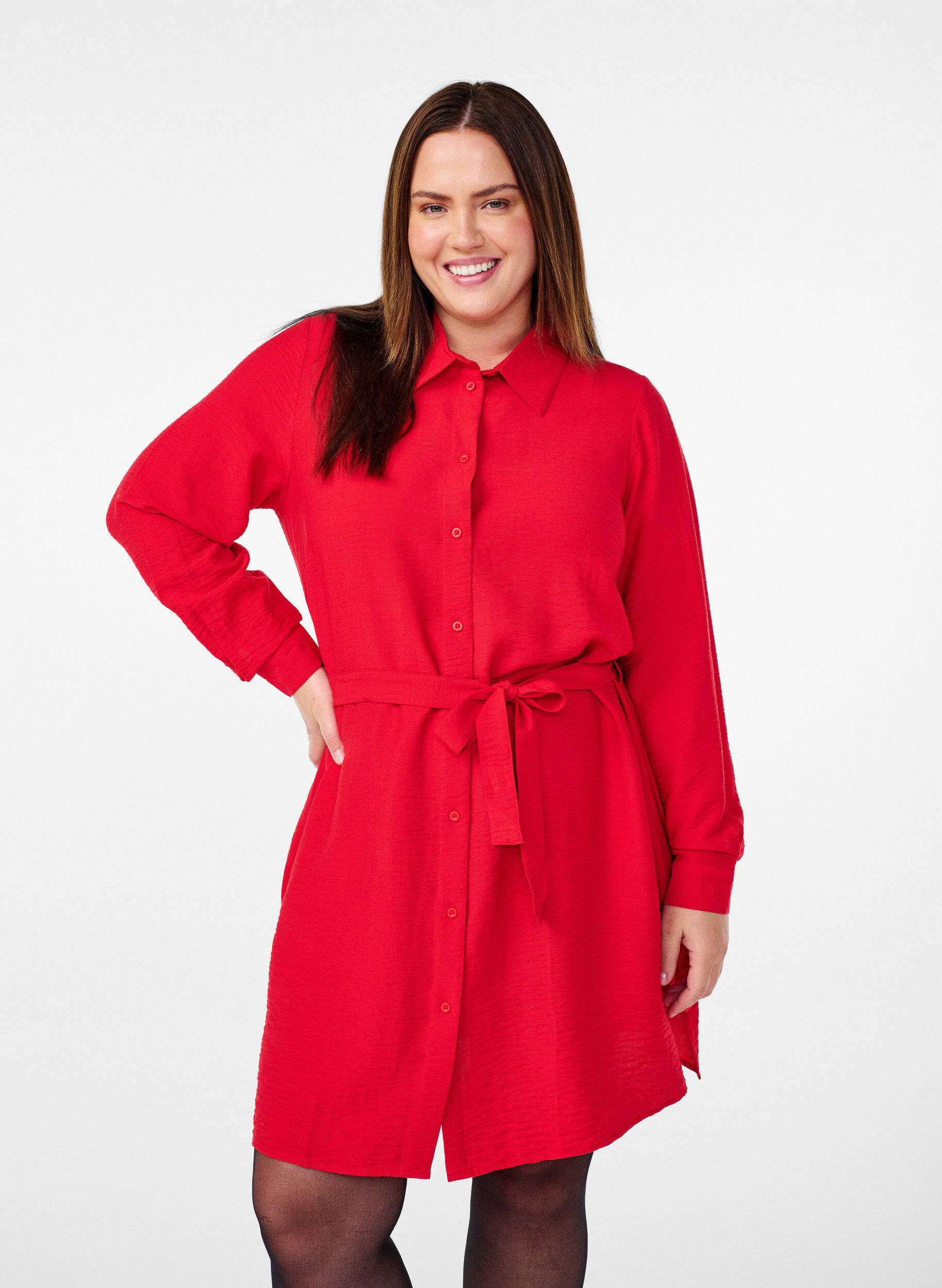 Zizzifashion Shirt dress with tie belt and long sleeves, Red, Model image number 0